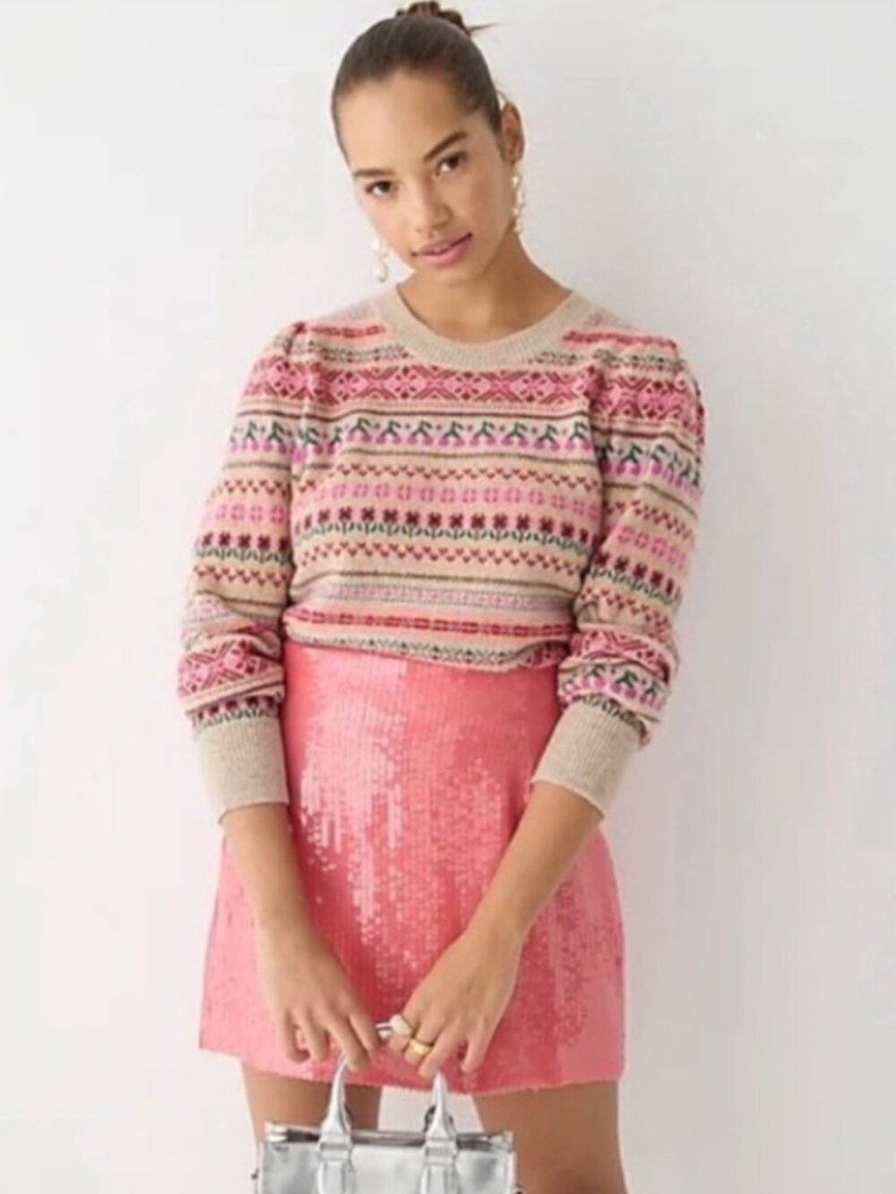 J. Crew Puff Sleeve Fair Isle Crew-Neck Sweater